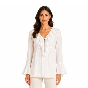 Orchid Bell Sleeve Ruffle Tunic Blouse Women M/L White Gauze Whimsical Semisheer
